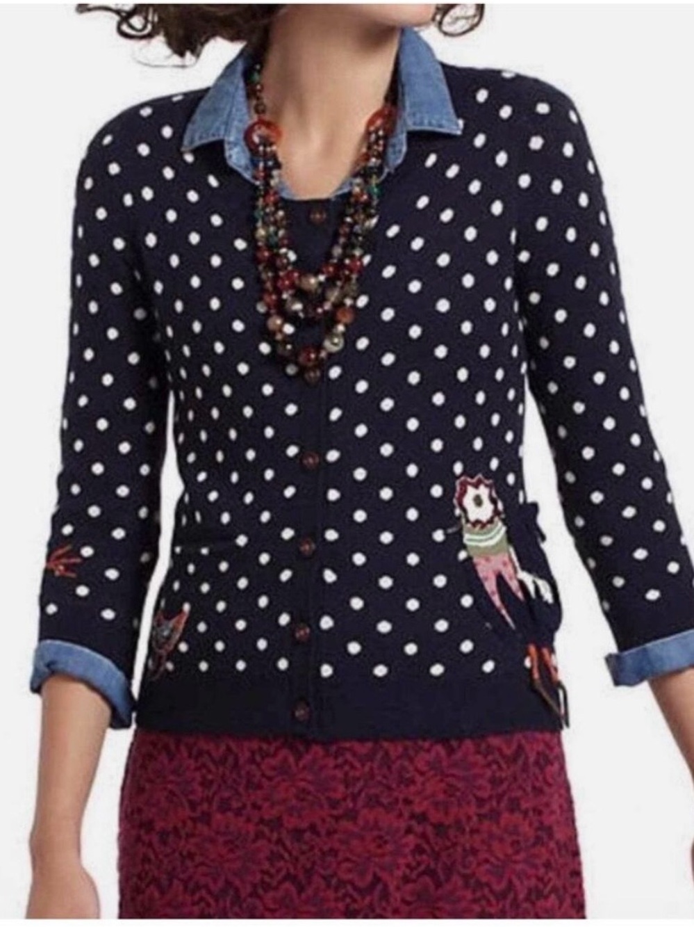 Whimsical polka dot chicken sweater embroidered & beaded - Picture 2 of 10